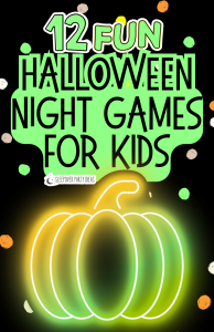 glowing Halloween pumpkin and text overlay Fun Night Halloween Games In The Dark for Kids Halloween Party