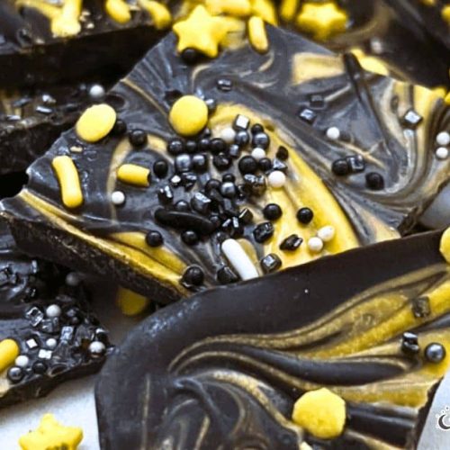 DIY Halloween Chocolate Candy Bark homemade candies on a Halloween party table - real recipes from Sleepover Party Ideas