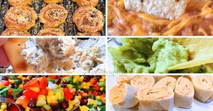 collage of party dips, party finger food bites and appetizers for Easy Football Recipes and Tailgating Party Foods