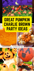 collage of It's The Great Pumpkin Charlie Brown Halloween party games, Halloween recipes and Halloween decorations