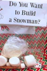 food ingredients in a small bag for a Christmas build a snowman craft