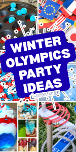 collage of Winter Olympics party games, Olympics themed party snacks and red white blue drinks for Team USA Winter Games