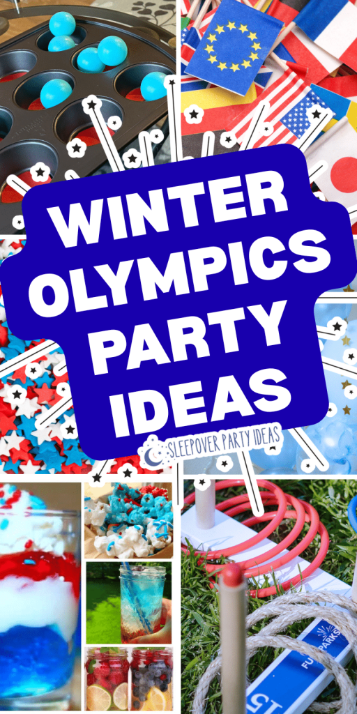 collage of Winter Olympics party games, Olympics themed party snacks and red white blue drinks for Team USA Winter Games
