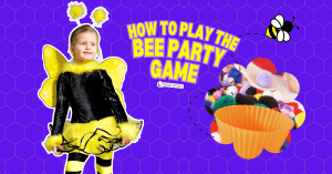 Bee Party Game for Kids - kid dressed as bumblebee playing the beekeeper game for kids