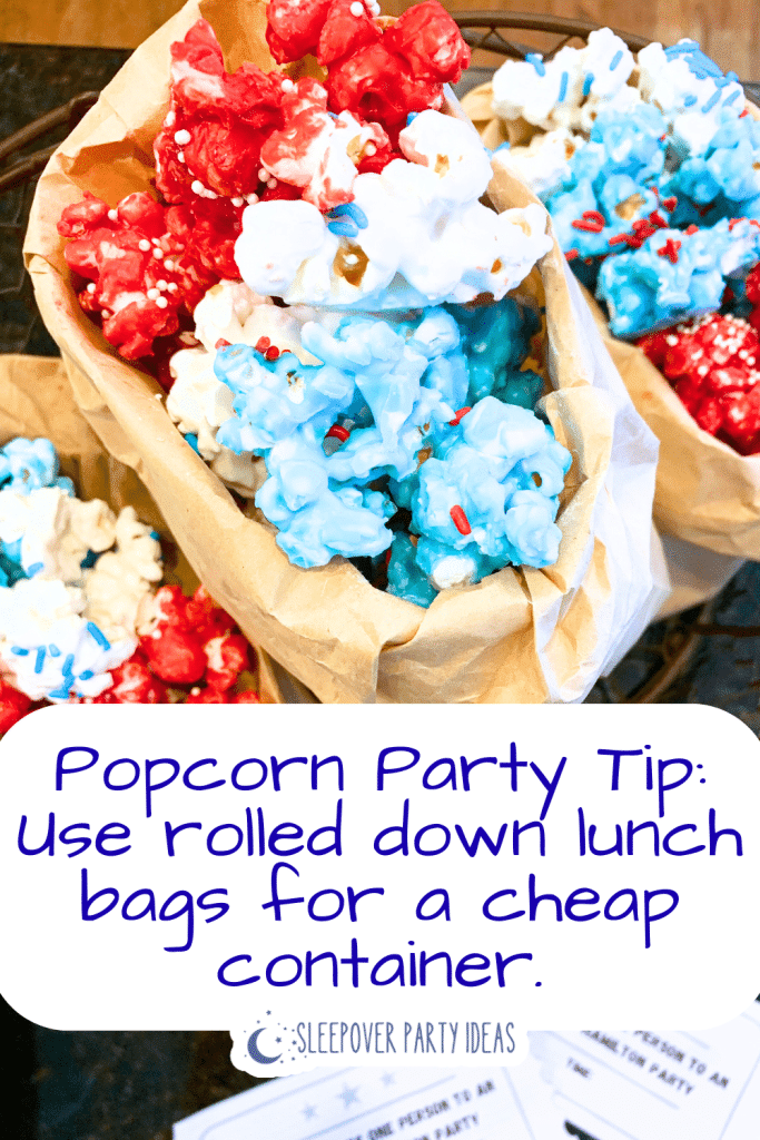 Popcorn Party Setup Popcorn Party Tip: Use rolled down lunch bags for a cheap container.