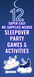 no prep sleepover party activities and low prep sleepover party games on a night background with pajama party emojis