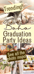 boho graduation party ideas collage of boho graduation centerpieces, graduation party food and boho decor for outdoor graduation at home