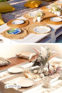 Bohemian style graduation party table - A white picnic table set with woven placemats rattan, vintage plates, and decorative vases with white flowers and pampas grass.
