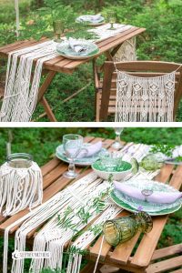 BOHO GRADUATION PARTY - wooden table set for a graduation party food, decorated with a macrame table runner and fern leaves. A macrame decoration hangs from a wooden chair