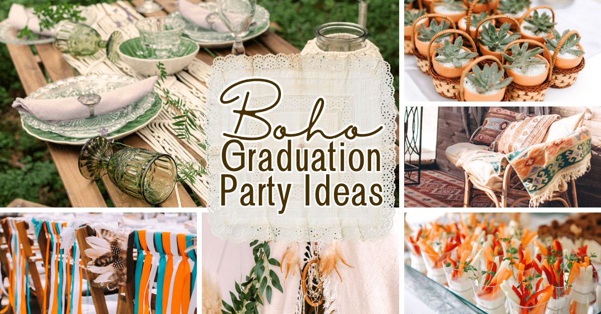 boho graduation party ideas collage of boho graduation centerpieces, graduation party food and boho decor for outdoor graduation at home
