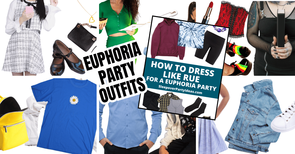 collage of different Euphoria party outfits and Euphoria costumes based on characters from the TV show