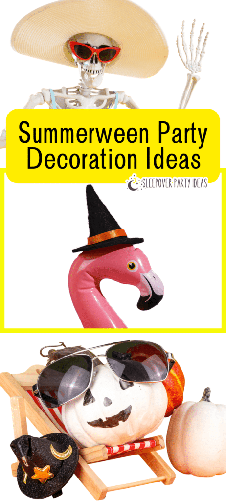 Summerween party ideas for Halloween in Summer Summerween party decorations with Halloween skeleton in beach clothes, flamingo pool float with Halloween hat and Halloween pumpkin decorated with summer party decor with text on top
