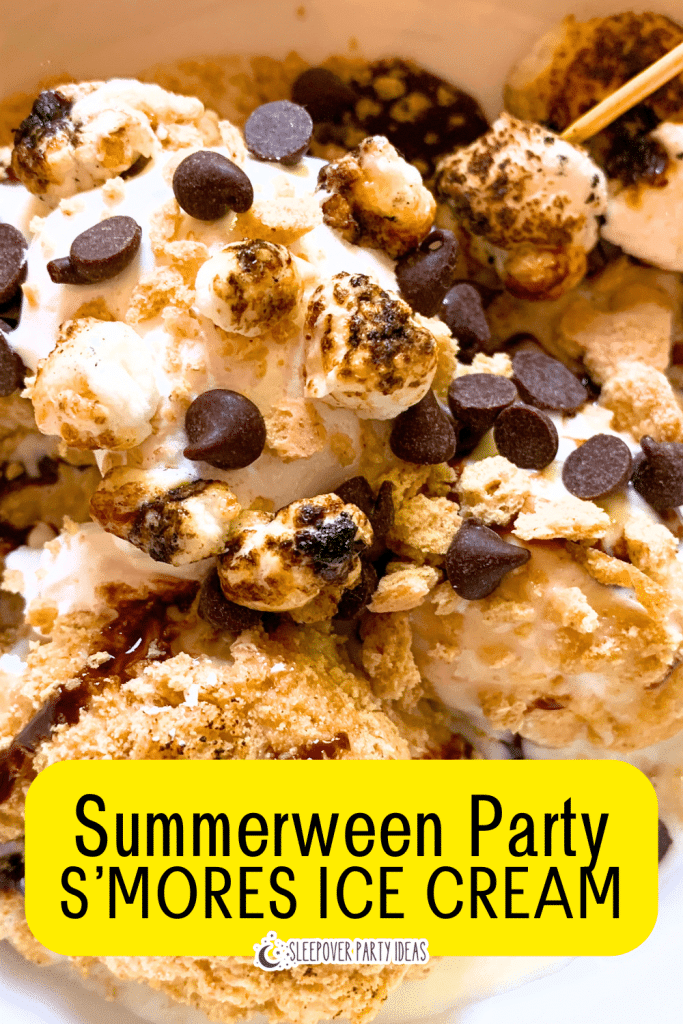 Summerween Party Foods for Summer Party Desserts Smores Ice Cream smores ice cream for Summerween party desserts with text on top