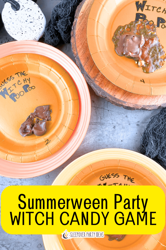 Summerween Party Game for Summer Party Witch Game with Candy Bars witch candy bar game at a summer Summerween party with text on top