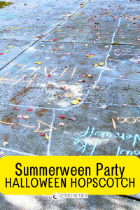 Summerween party games Halloween hopscotch on a driveway with text on top