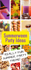 summerween party ideas collage of party foods, party games and party decorations for a summer party theme with text on top