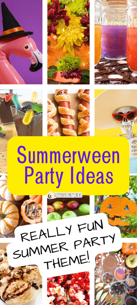 summerween party ideas collage of party foods, party games and party decorations for a summer party theme with text on top