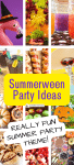 summerween party ideas collage of party foods, party games and party decorations for a summer party theme with text on top
