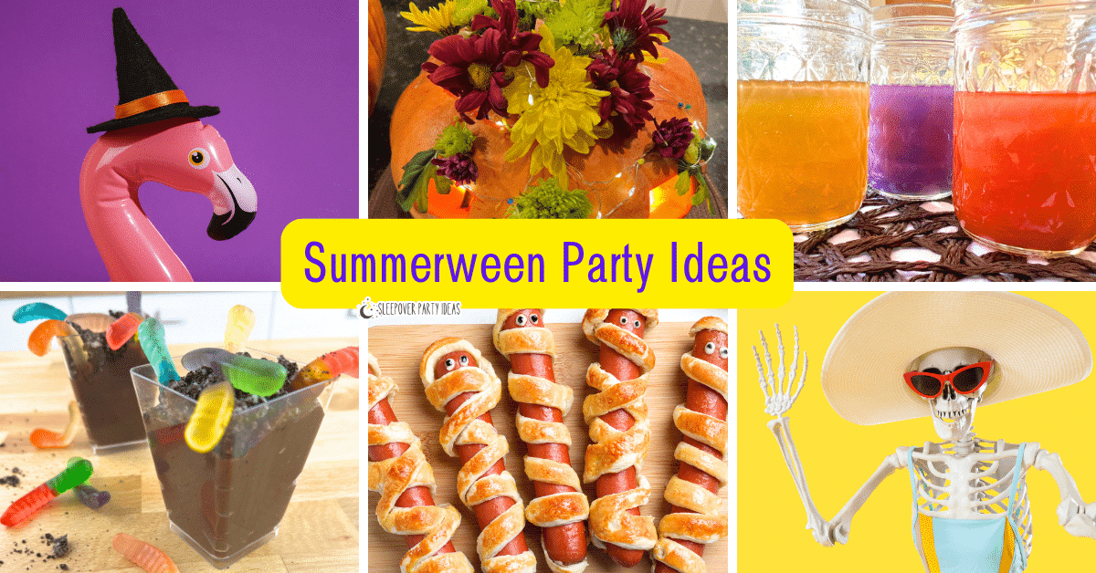 collage of summerween party ideas for a summer party theme with text on top