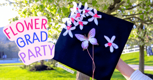 Floral Grad Party Theme - graduation cap with flowers for a floral grad party theme