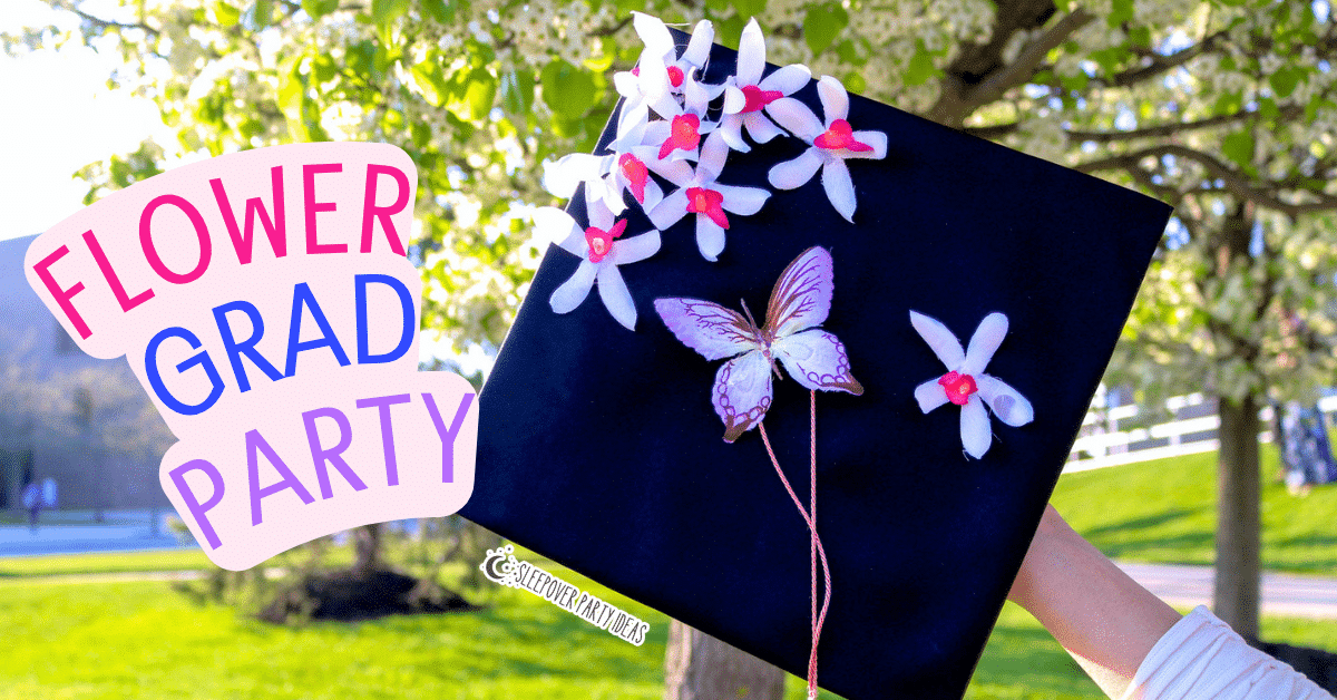Floral Grad Party Theme - graduation cap with flowers for a floral grad party theme