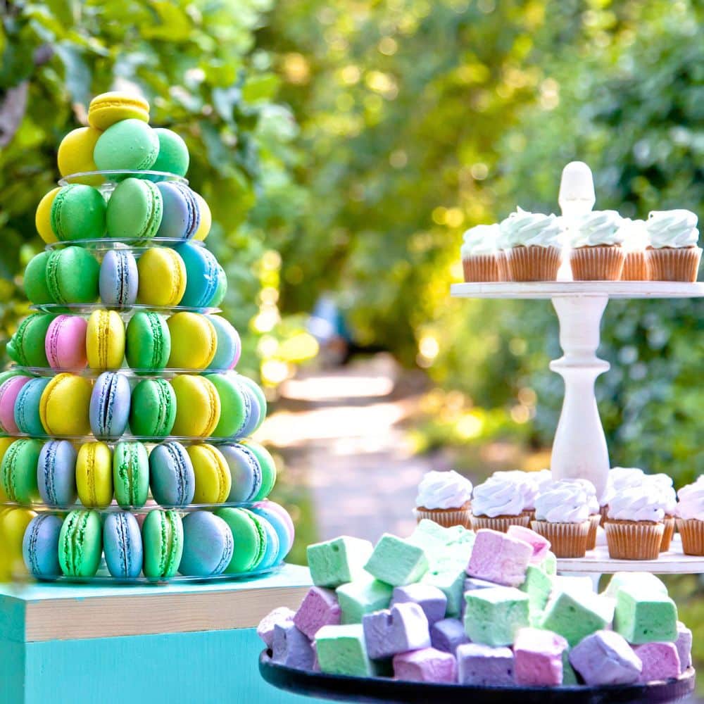 Flower Garden Party Foods Garden Party Foods with pastel macarons, flower cupcakes and homemade marshmallows
