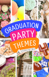 collage of graduation party ideas for different grad party themes for high school graduation and college graduations