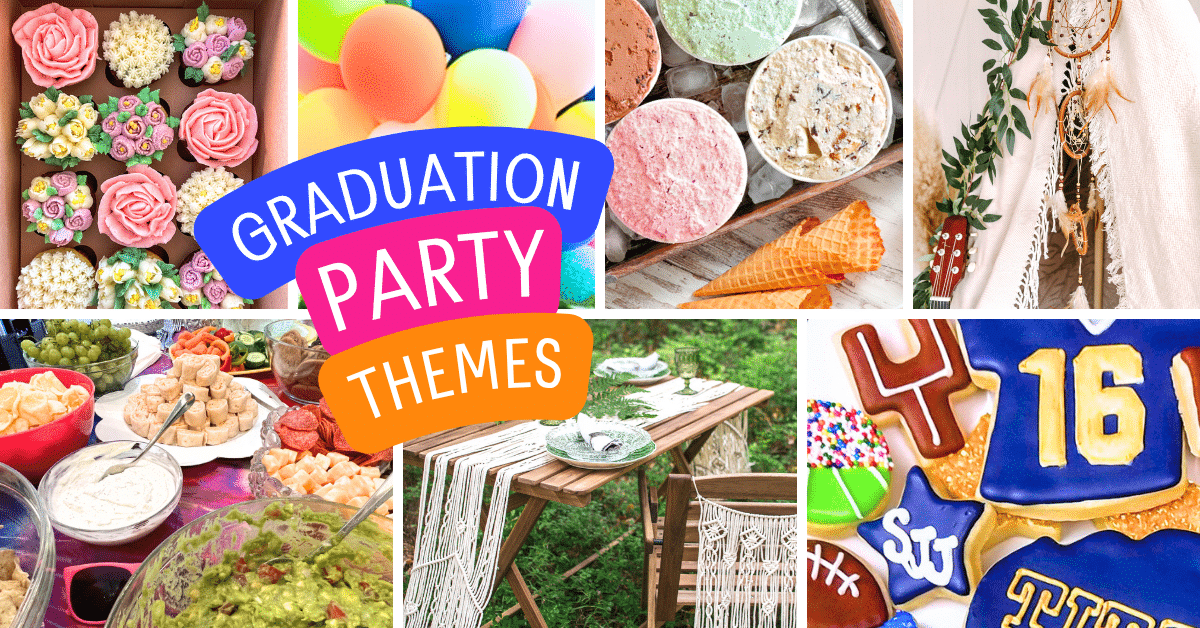 collage of graduation party ideas for different grad party themes for high school graduation and college graduations