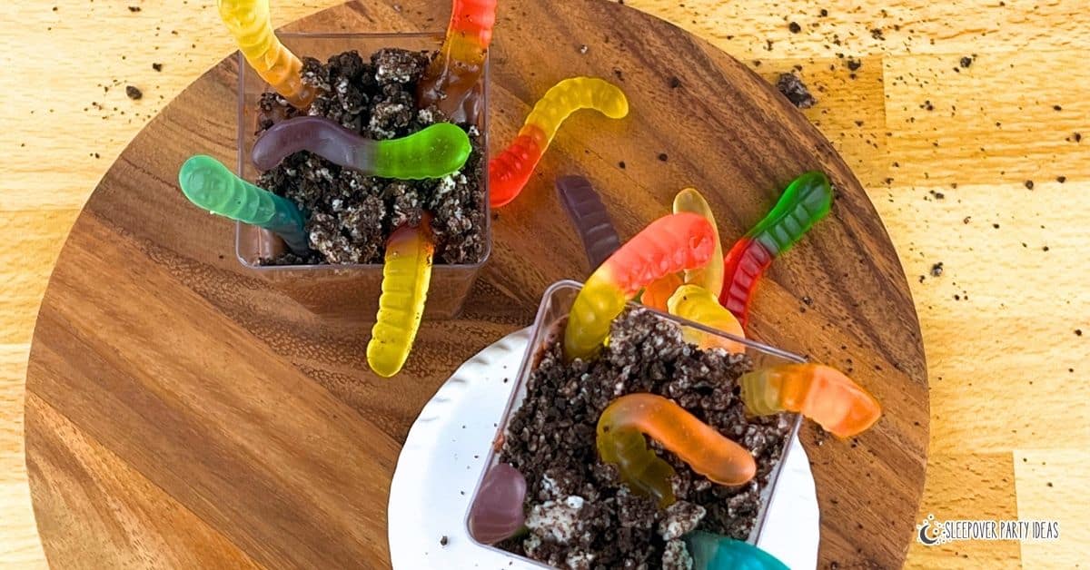 Worms In Dirt Halloween Treats on a DIY Halloween party table